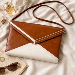 Bally Vintage Leather Envelope Clutch Crossbody Bag Brown & Cream Italy